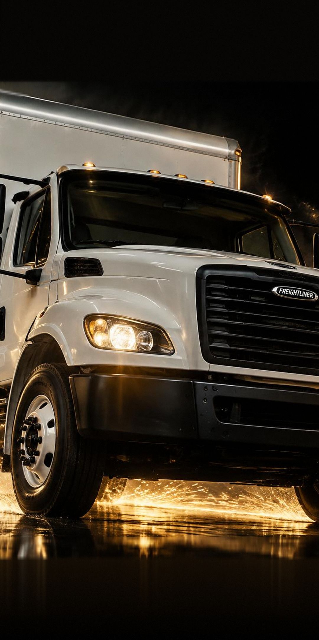 White 26-foot box truck driving toward the camera through water spray on a wet road, lit with champagne gold rim light