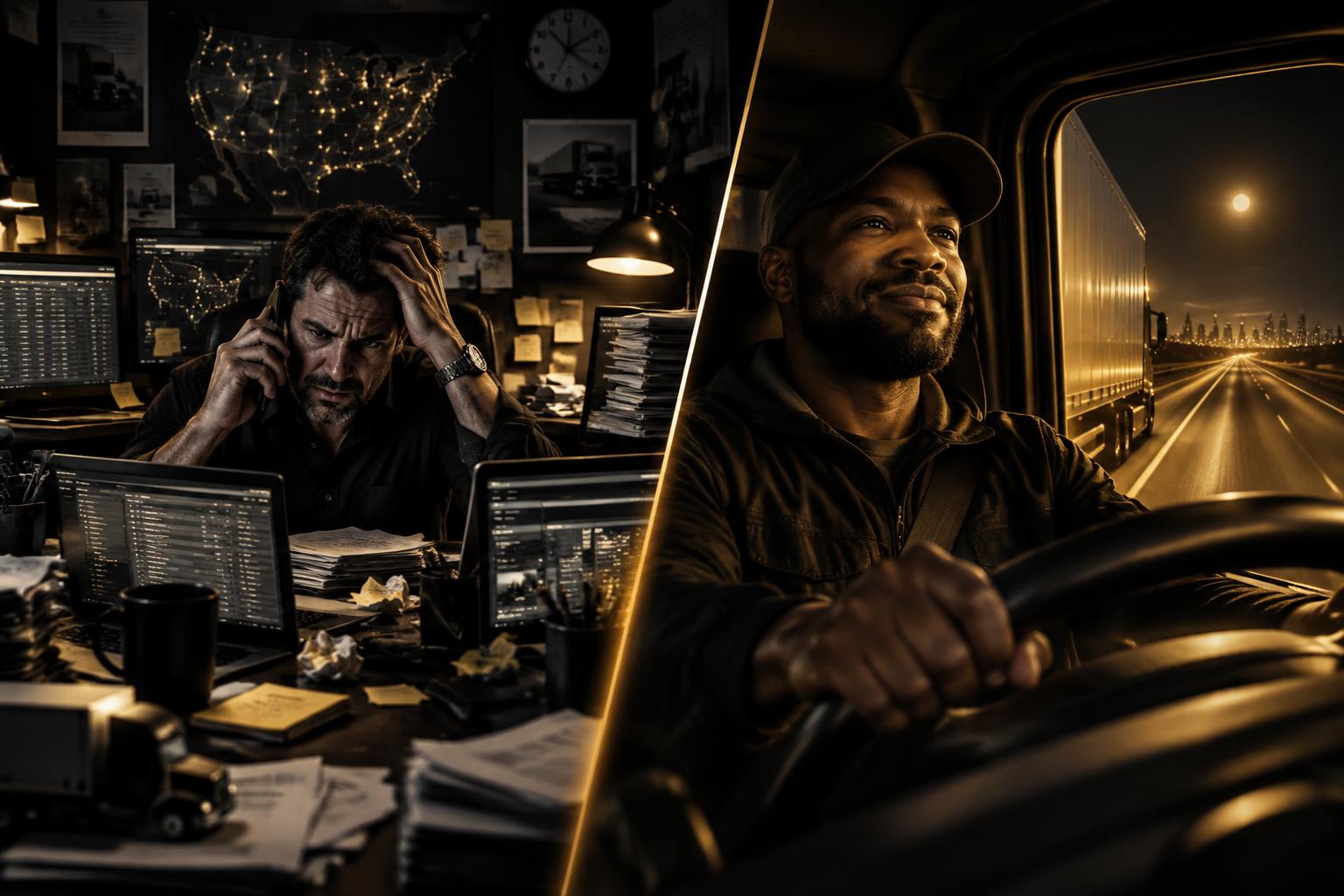Split scene: an owner buried in load-board screens and paperwork versus a relaxed driver on an open night highway